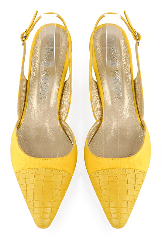 Yellow women's slingback shoes. Tapered toe. Medium spool heels. Top view - Florence KOOIJMAN